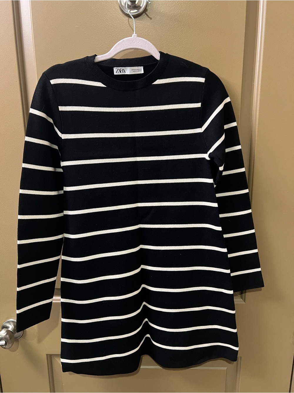 Zara Black Crewneck Mini Sweater Dress with White Stripes